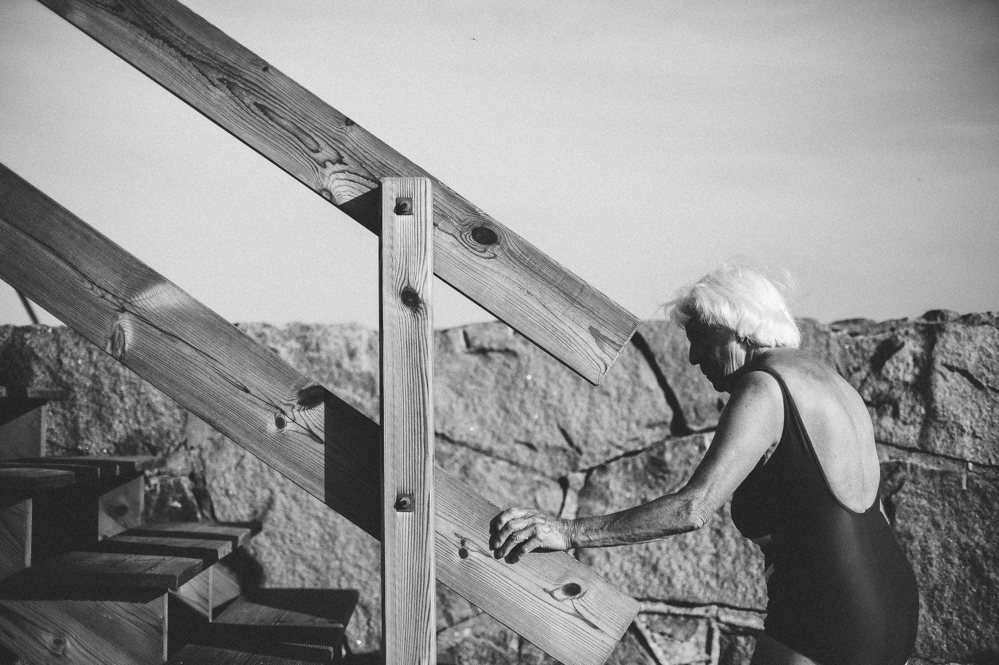old lady going for morning swim