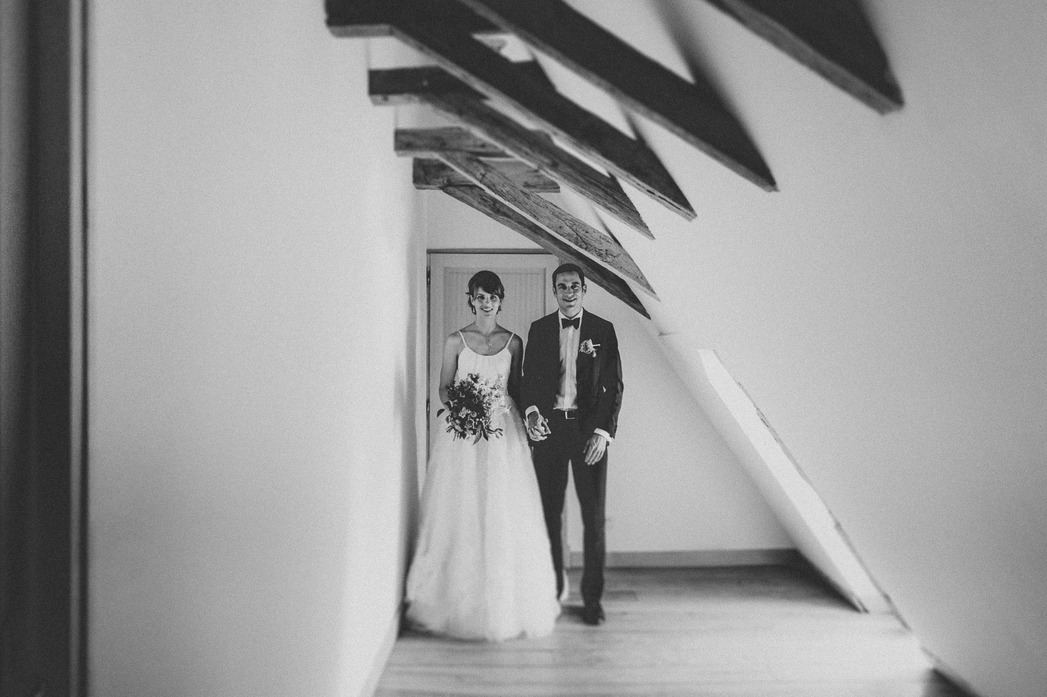 French professional wedding photographer Bride and groom cool attic photo