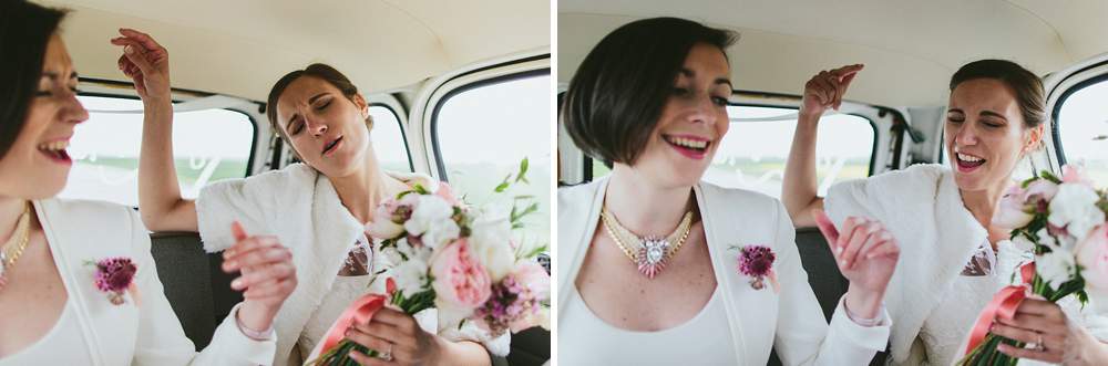 2015 summary of a destination wedding photographer Bride and bridesmaid singing in the back if a car