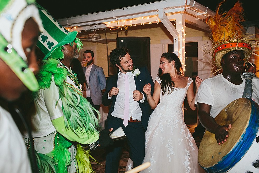 Bahamian wedding party bride and groom amounts traditional musicians