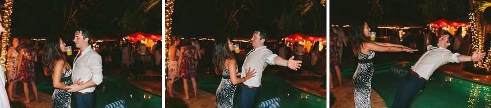 Bahamian wedding groomsman push into swimming pool