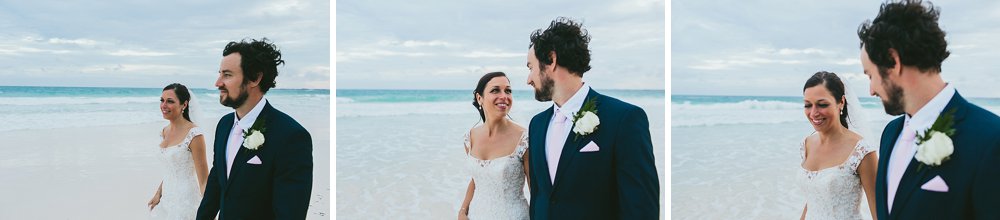 Bahamian wedding bride and groom walking on the beach