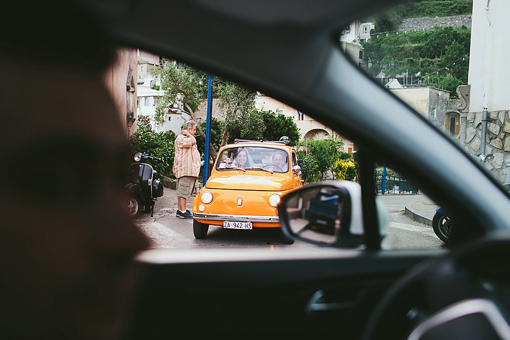 Positano wedding bride and groom mini car Amalfi Coast