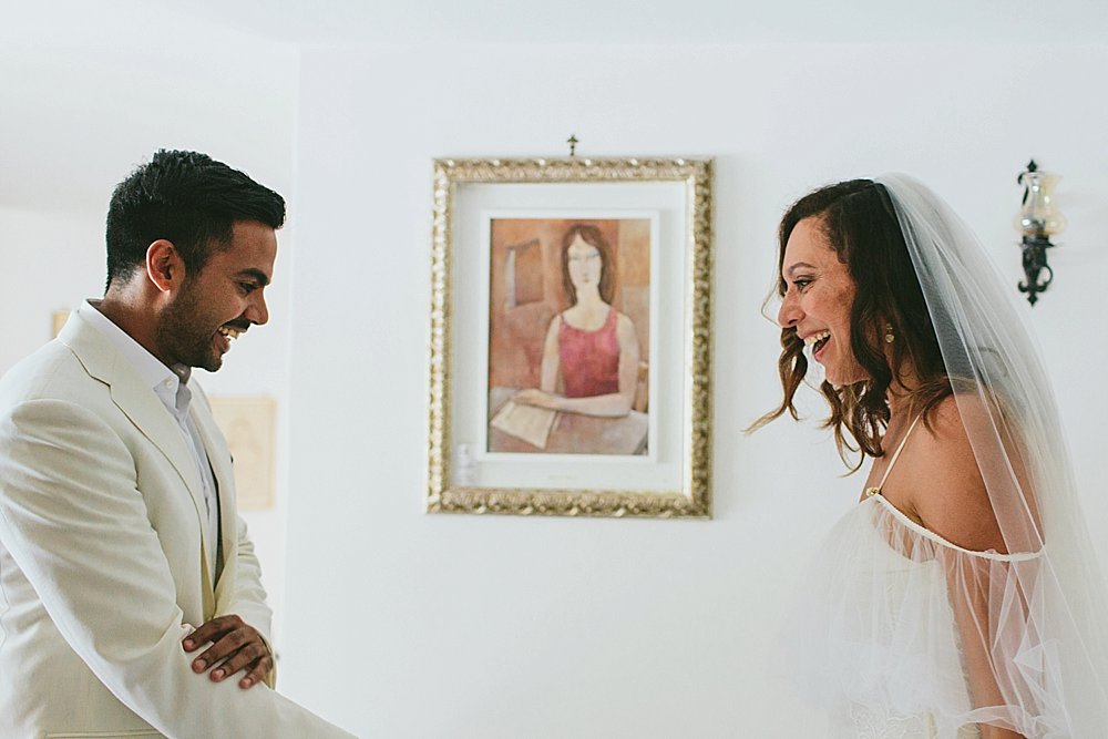 Positano wedding bride and groom first look smiles