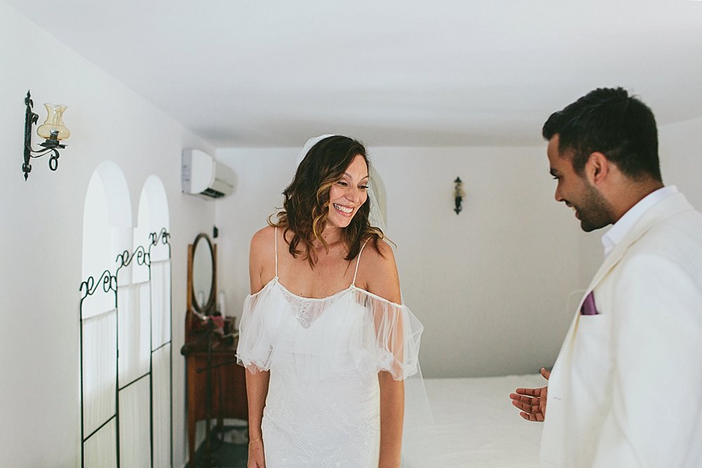 Positano wedding first look bride and groom happy 