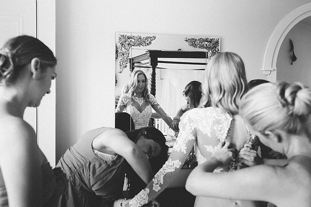 Bristol Wedding bride getting into wedding dress