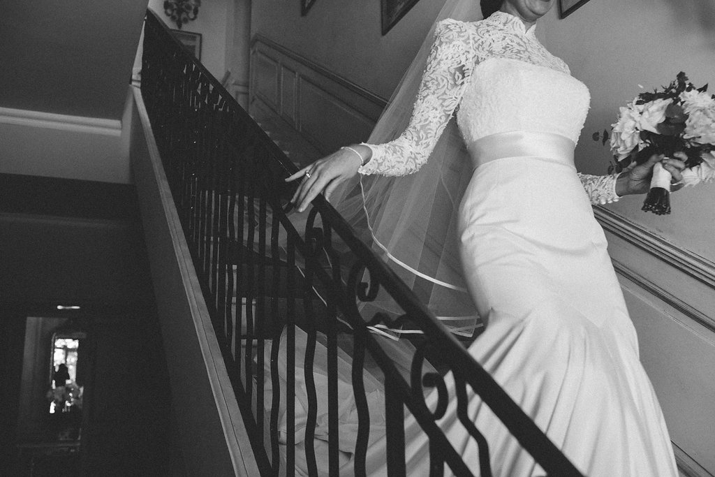 Provence wedding bride holding handrail