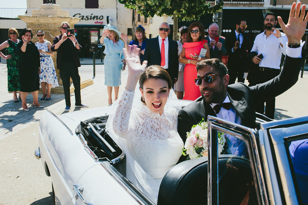 Provence wedding church car exit bride and groom