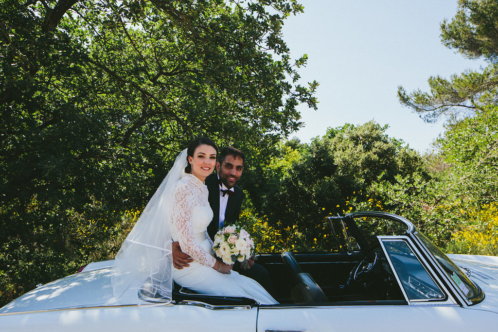 Provence wedding portraits of bride and groom Peugeot 404