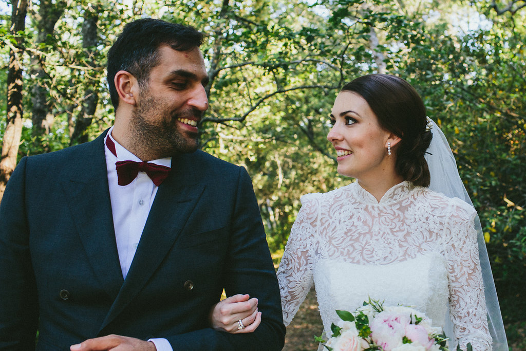 Provence wedding bride and groom smiling in the woods