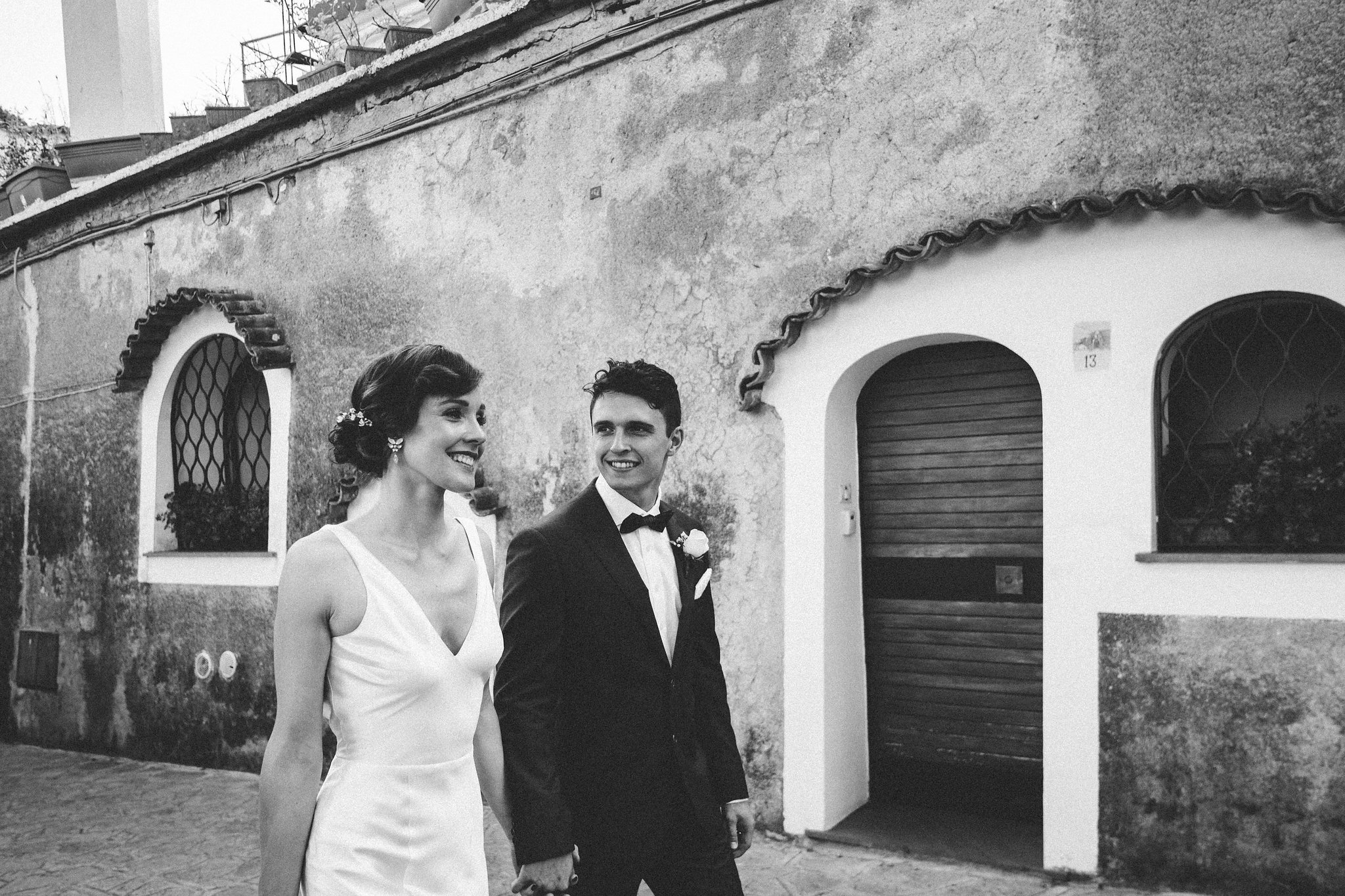 Italian weddings Bride and groom smiles in the streets of Ravello Amalfi Coast Italy