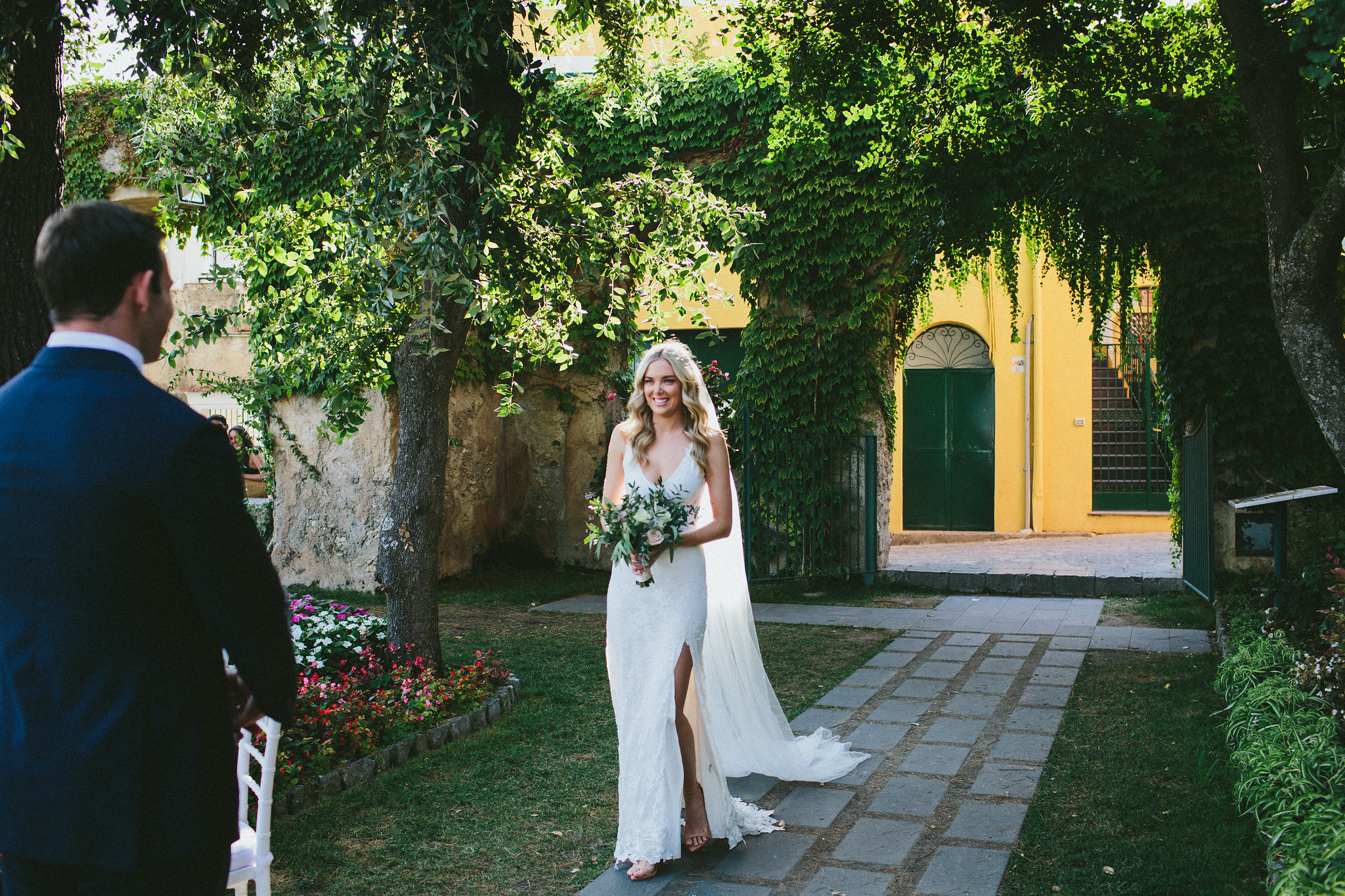 Bride walking to her groom Italian Ravello Wedding