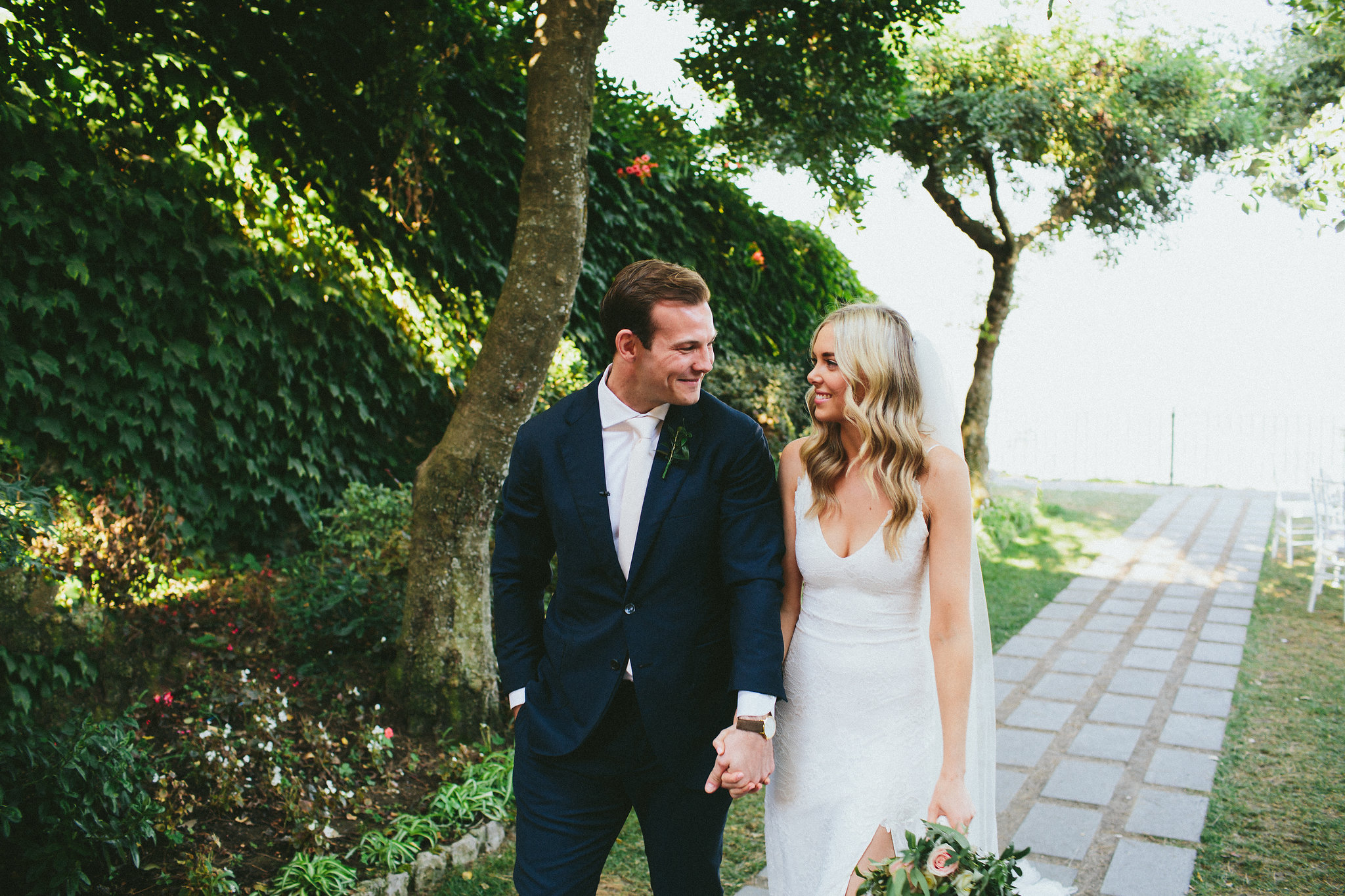 Bride and groom walking down the aisle Ravello Garden wedding