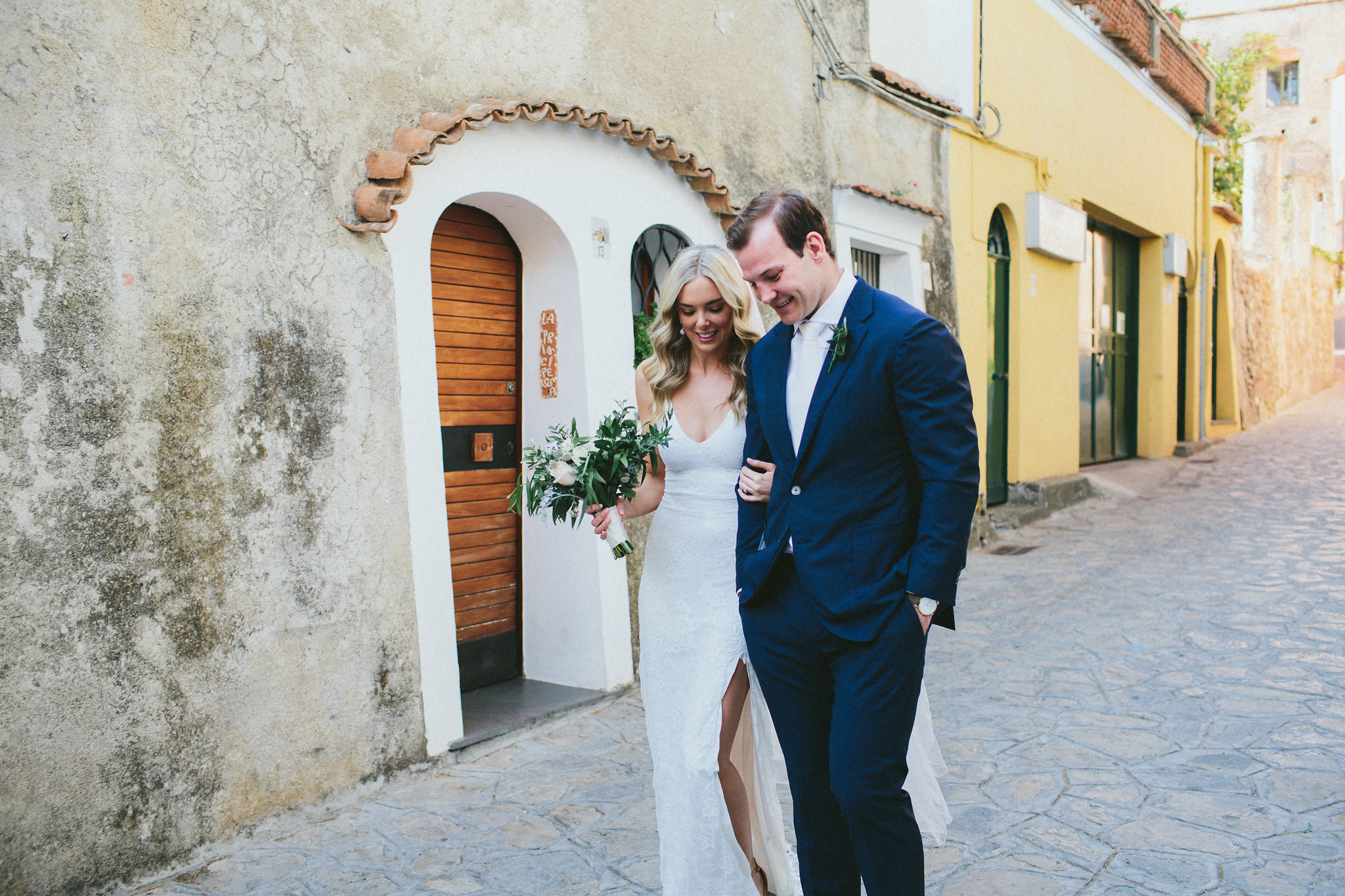 Bride and Groom walking Ravello streets