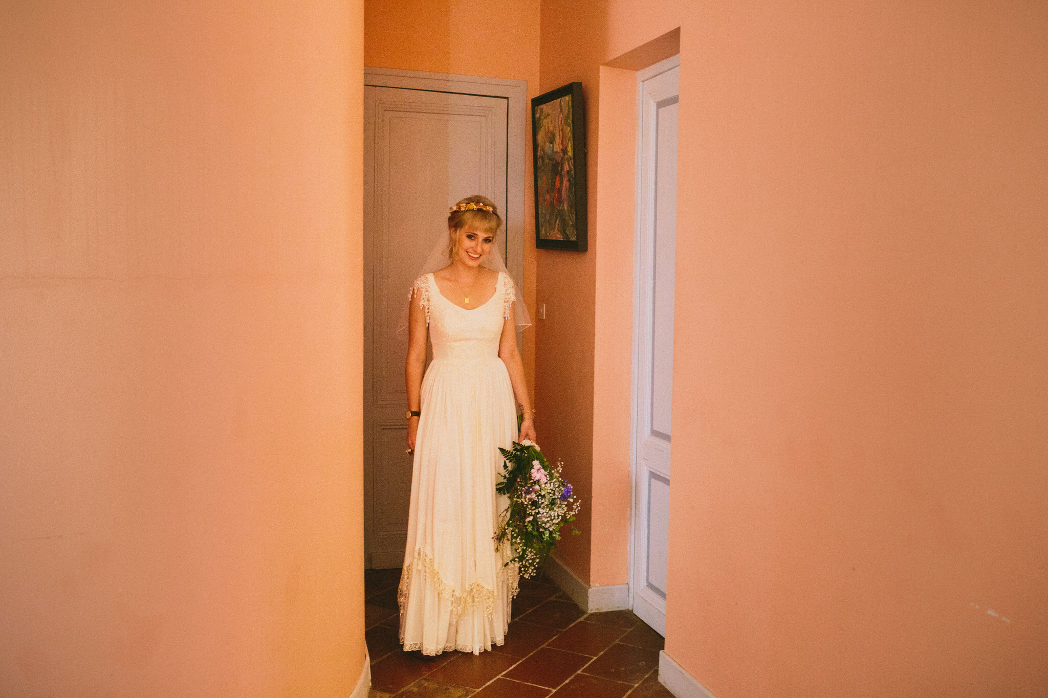 portrait bride full length smiles french wedding