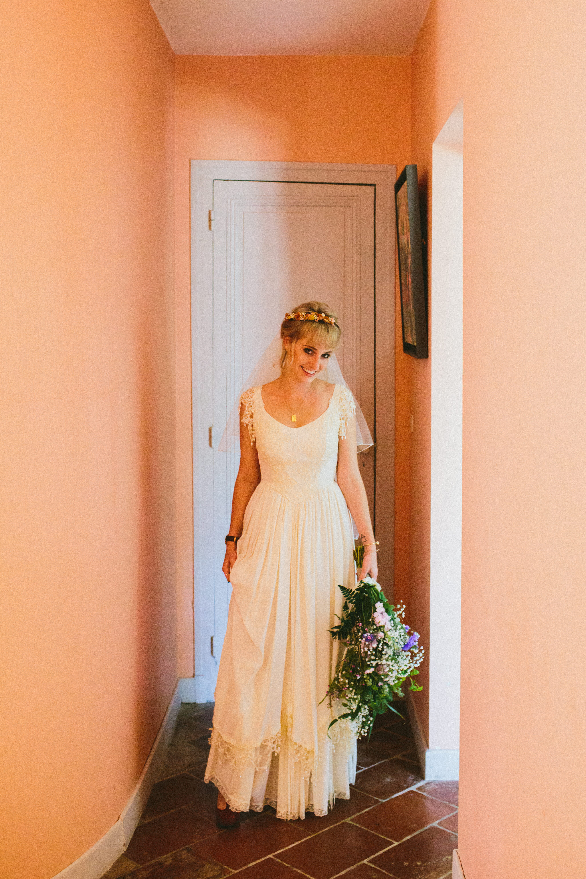 portrait photo bride full length smiles french wedding
