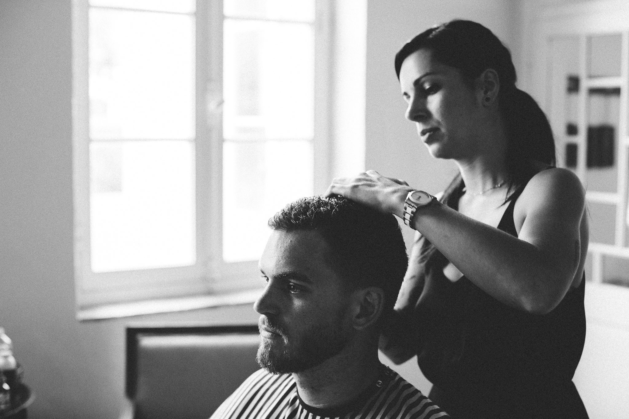 American destination wedding in France hair cut