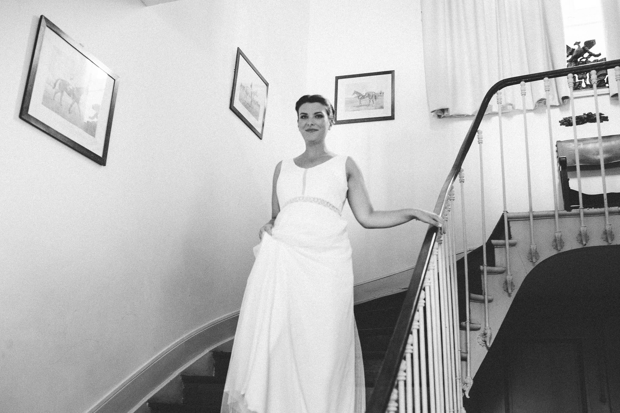 French British wedding bride stairs