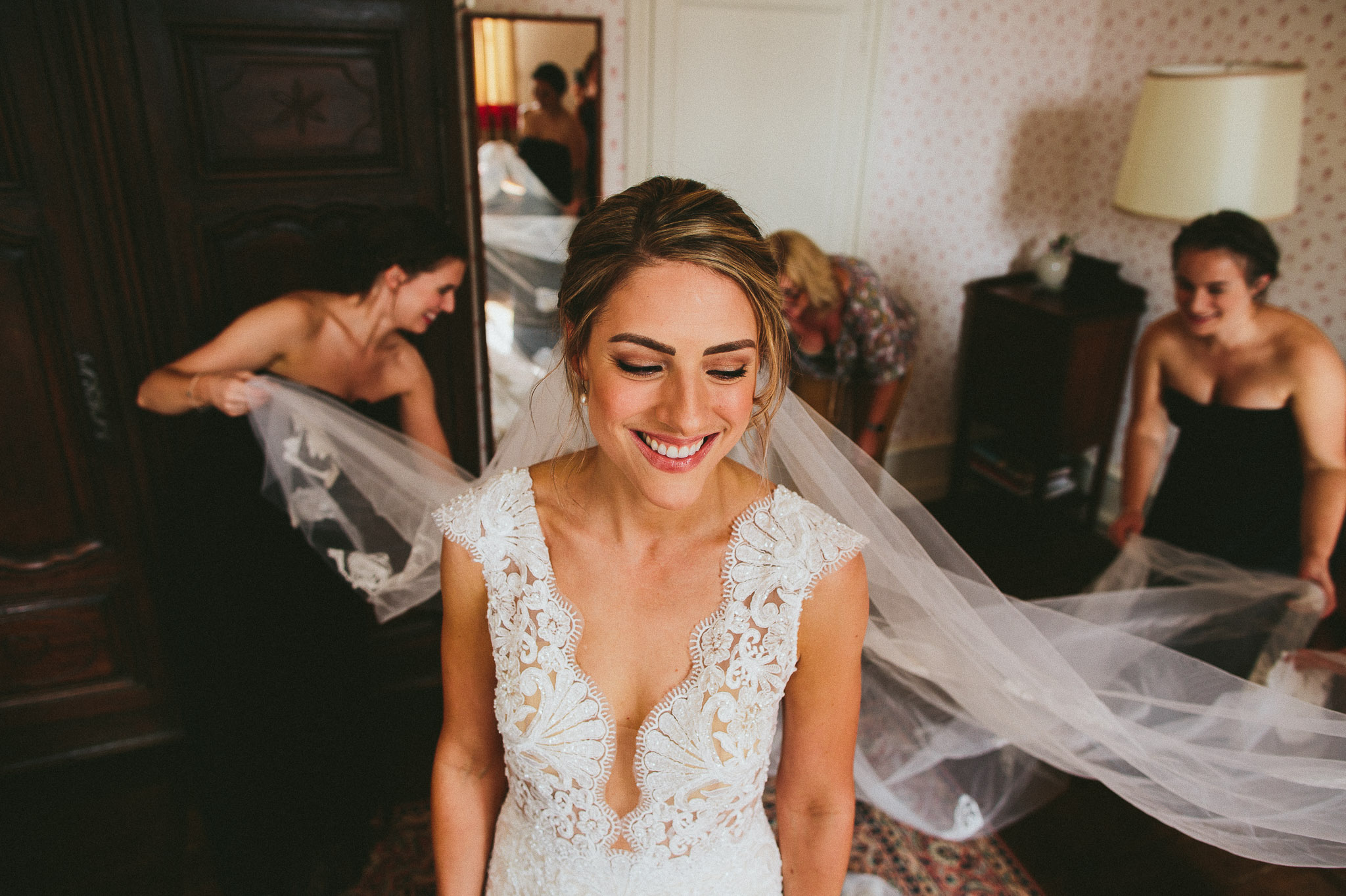 smiling bride veil