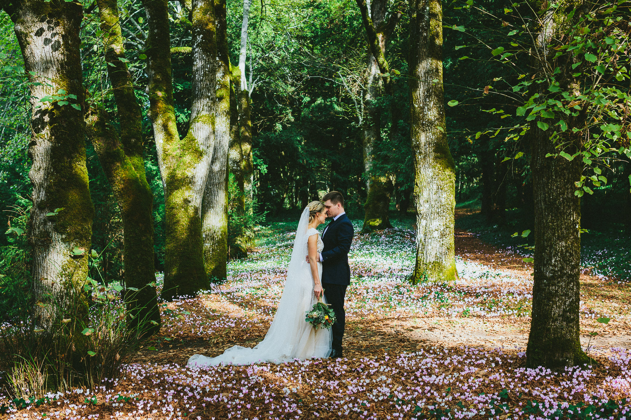 wedding photo session bride and groom bed of pink flowers