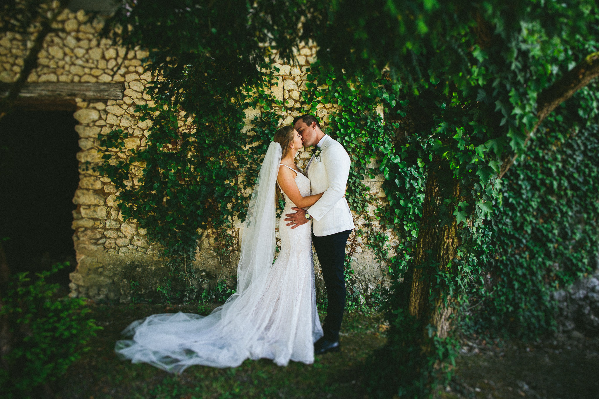 groom and bride kissing under a tree