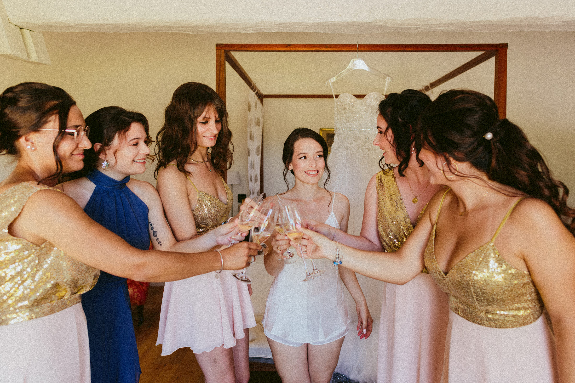 cheers and toast bride and bridesmaids Classy french wedding