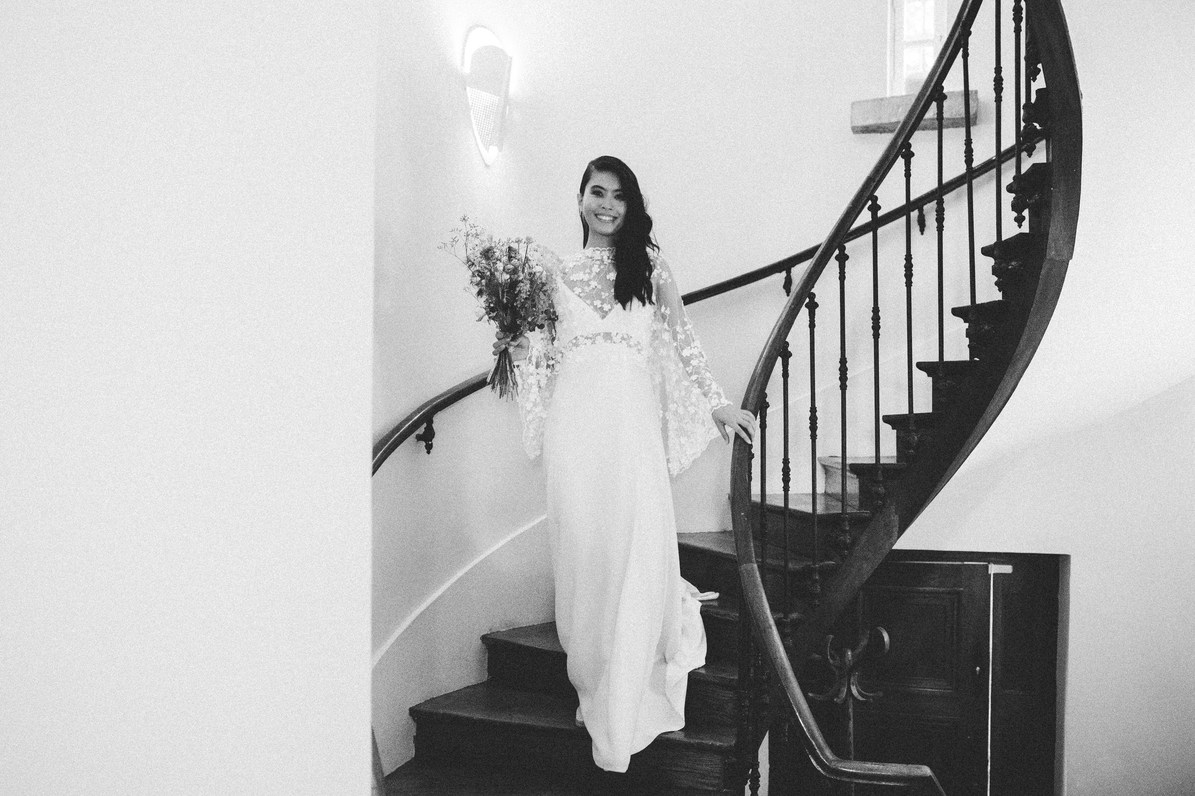 Portait bride on stairs French Domain Wedding