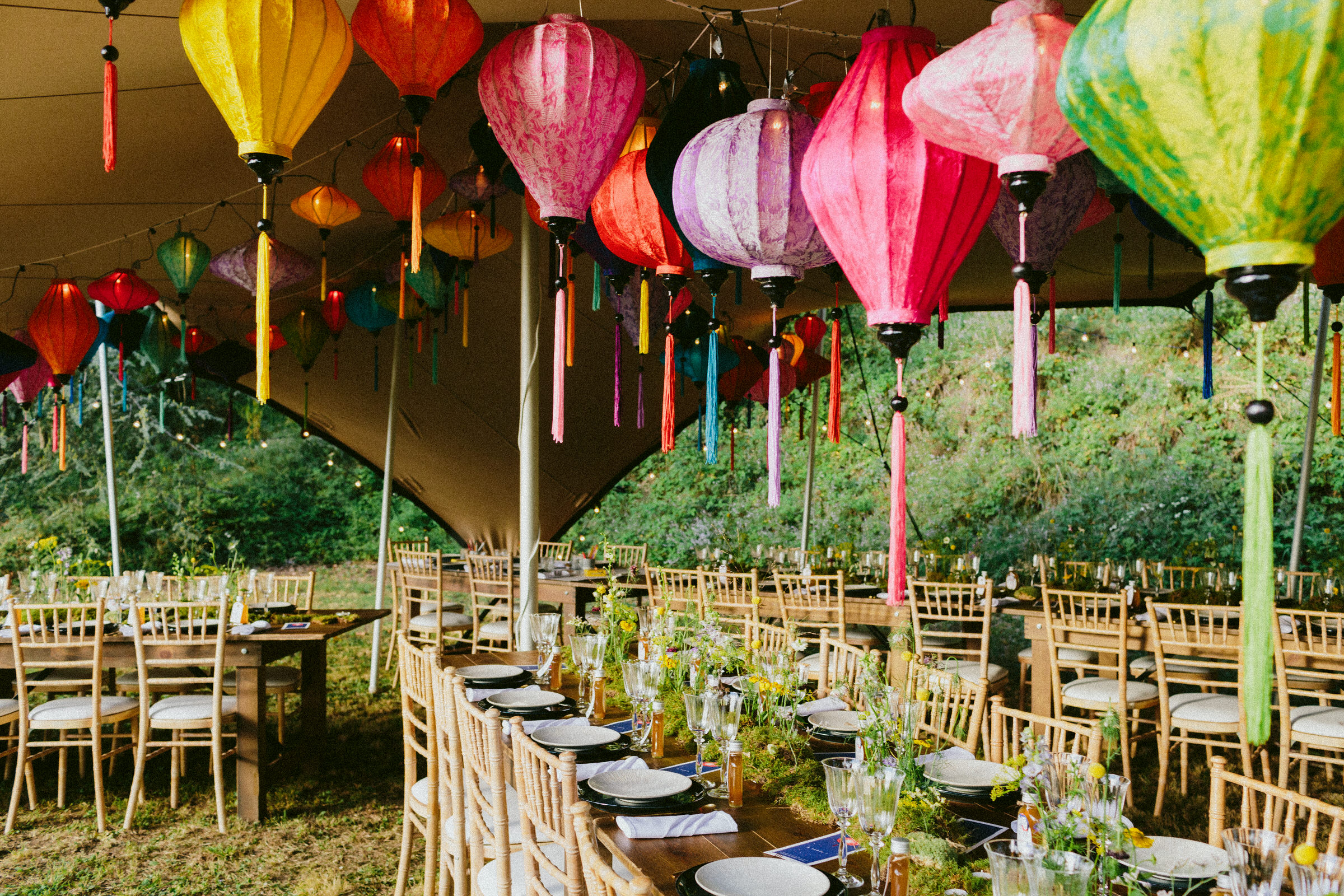 Natural table setting with lanterns French Domain Wedding