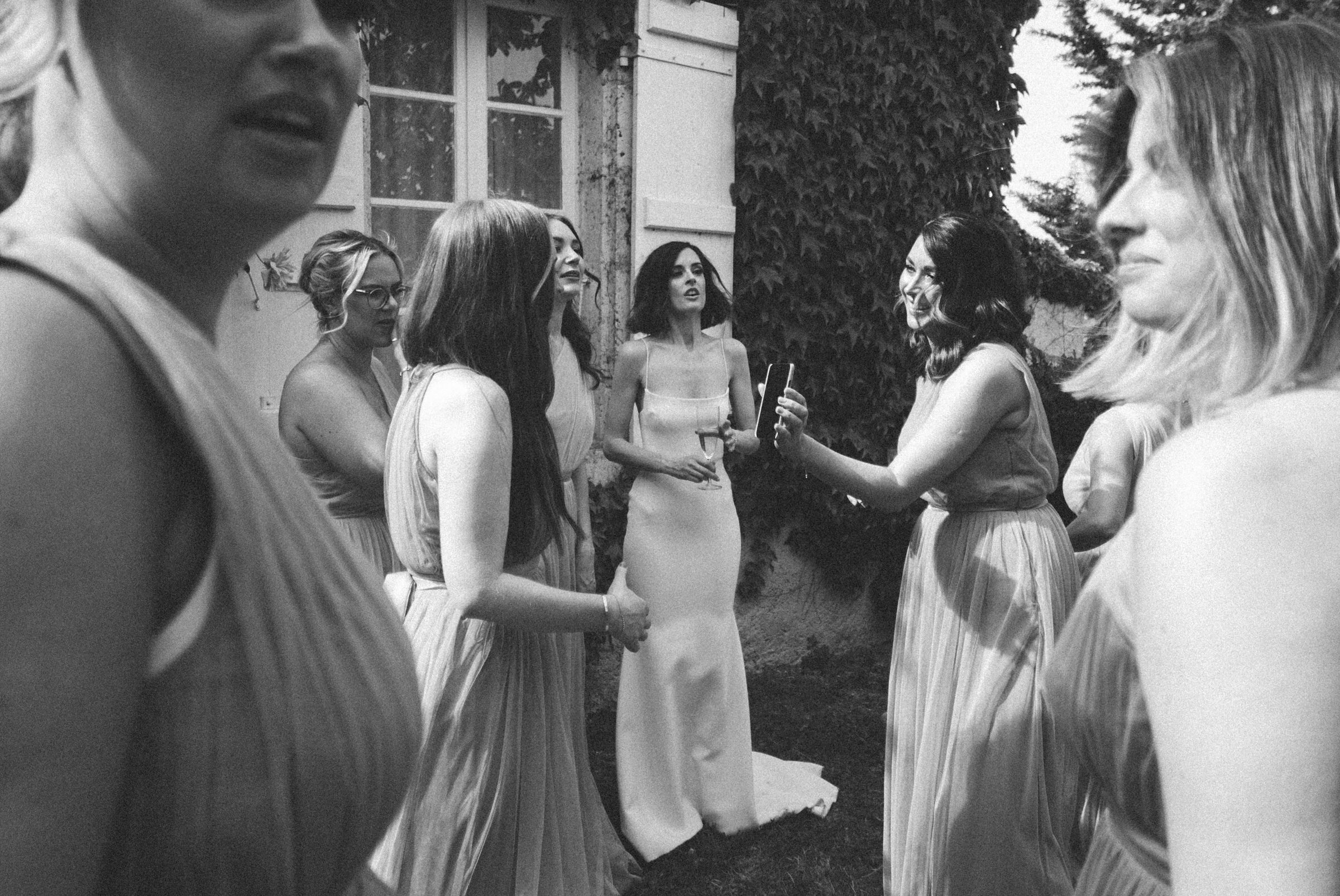 black and white photo bride and bridesmaid Castelnau des Fieumarcon french village wedding