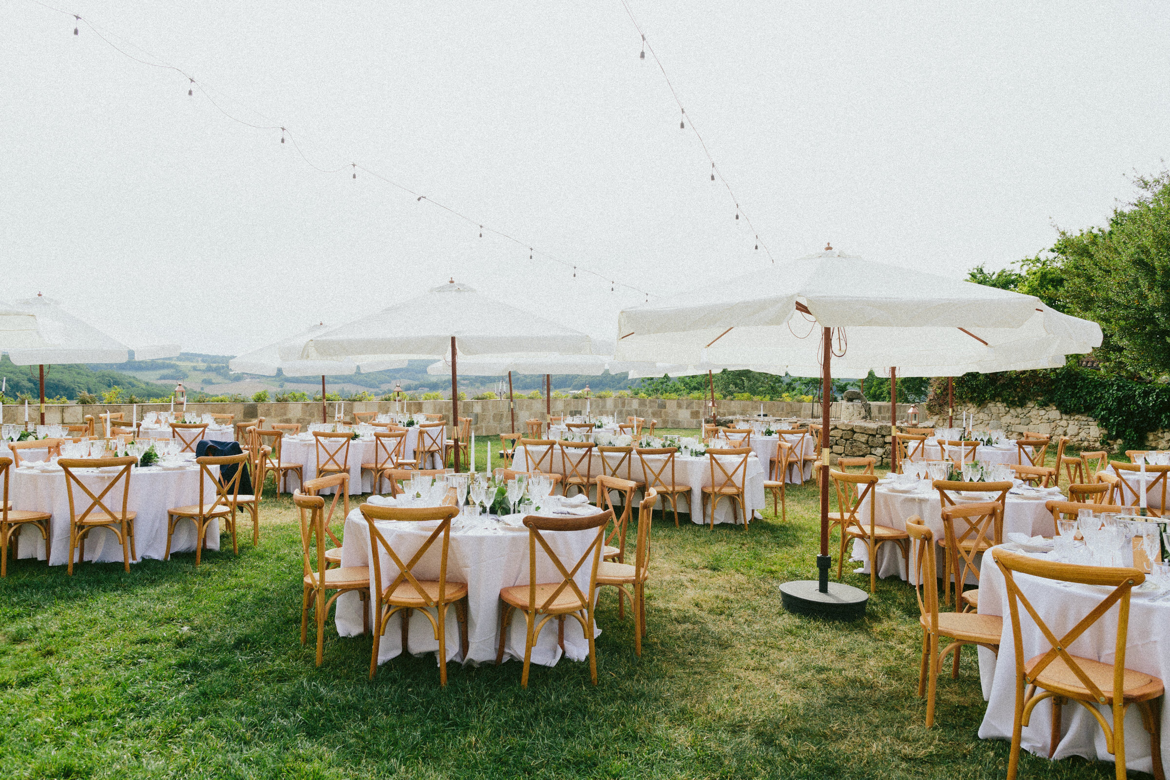 table setup wedding dinner Castelnau des Fieumarcon french village wedding