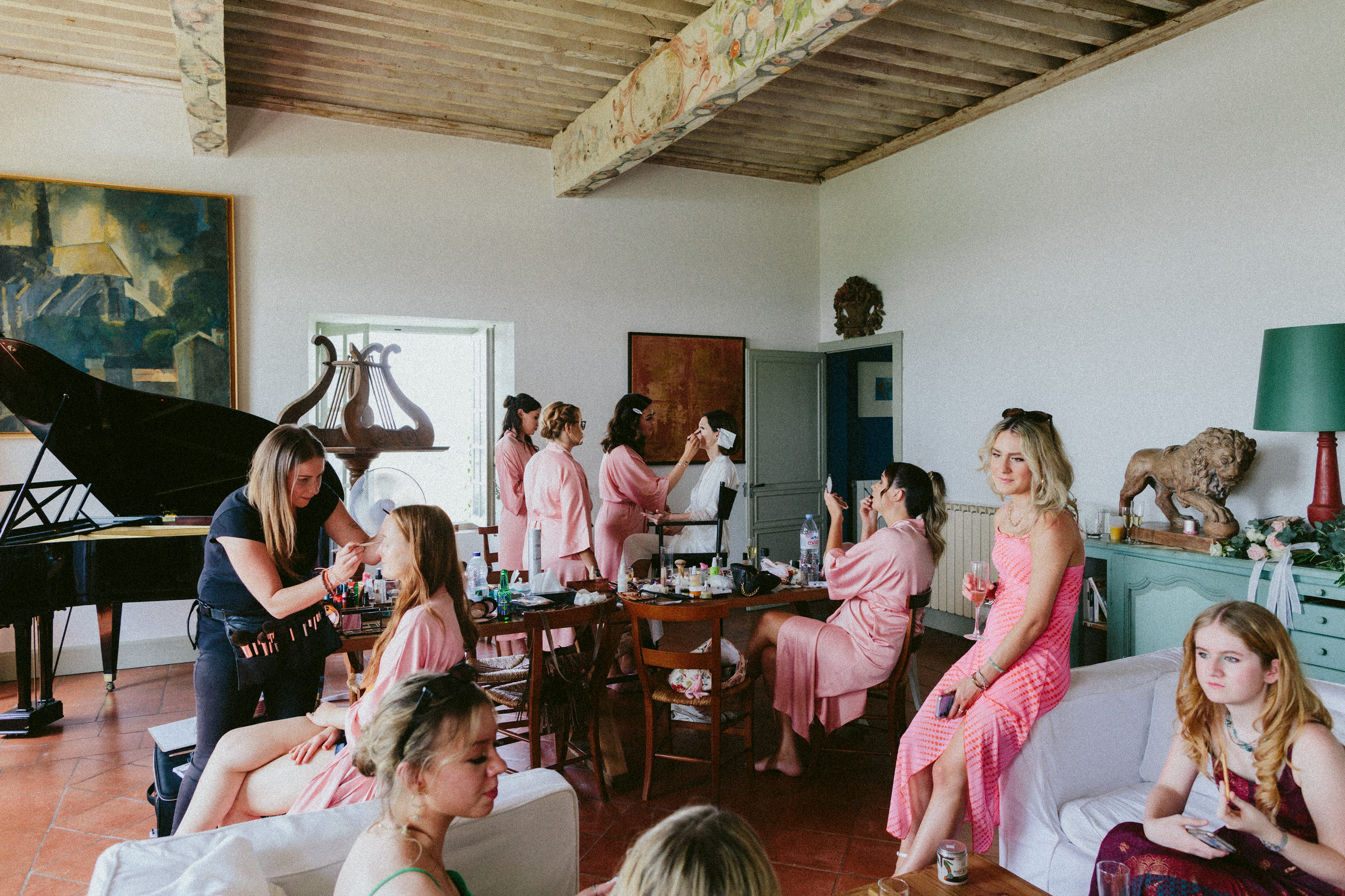 bride and her bridesmaid getting ready Castelnau des Fieumarcon french village wedding