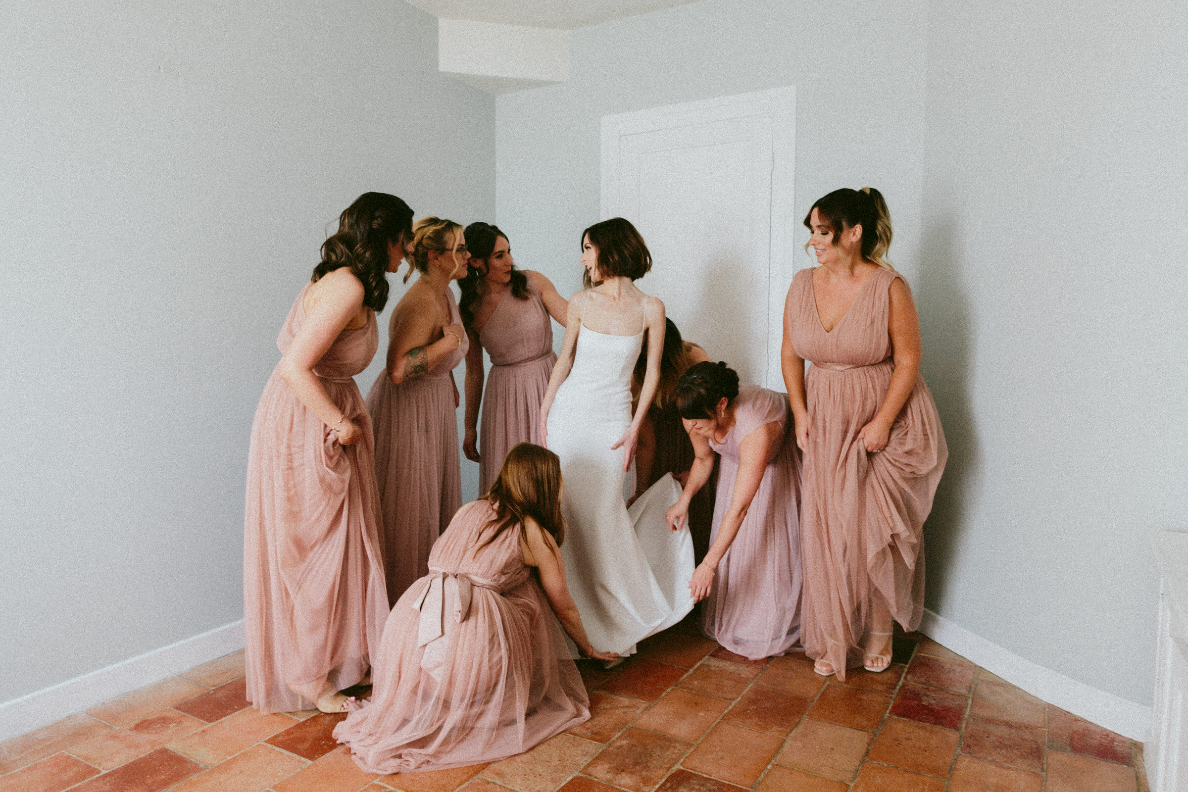 bridesmaid dressing bride Castelnau des Fieumarcon french village wedding